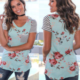 Women Stripe Short Sleeve Flower