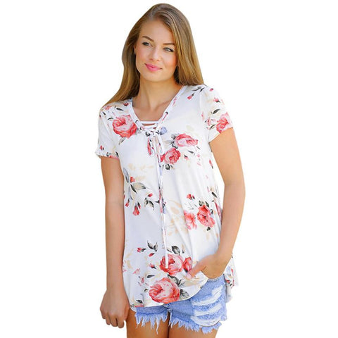 Summer T Shirt Women Floral Printed Criss Cross