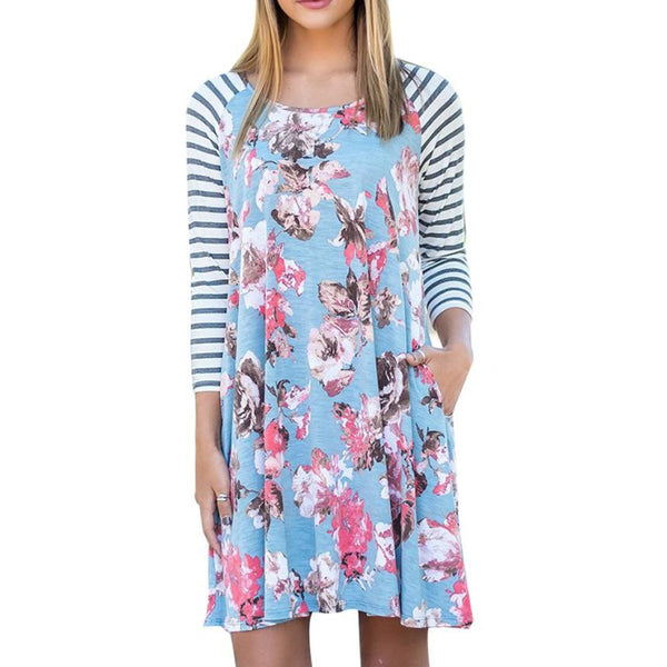 Fashion Floral Printing Autumn Dress Women Casual Stripe Long Sleeve Loose Dress Party Pleated Mini Dress Feminine Dresses