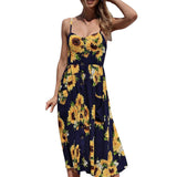 Women Sexy Printing Buttons Off Shoulder Sleeveless Dress Princess Dress