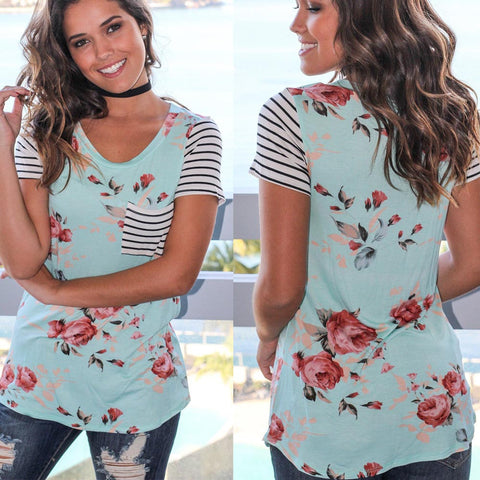 Women Stripe Short Sleeve Flower